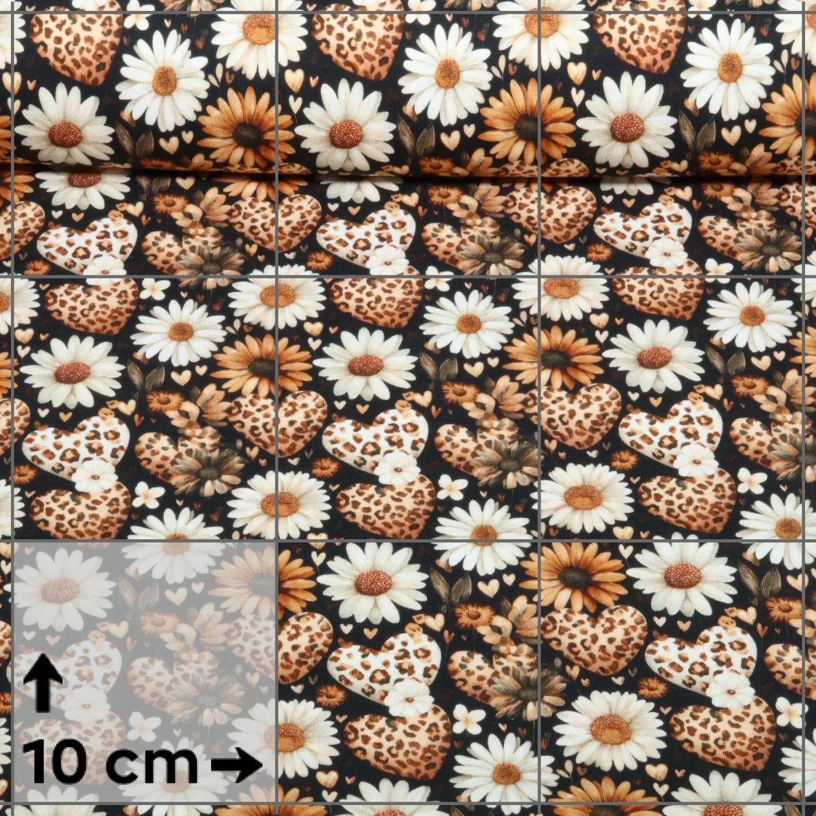 Jersey Digitaldruck Leoherzen Blüten Schwarz