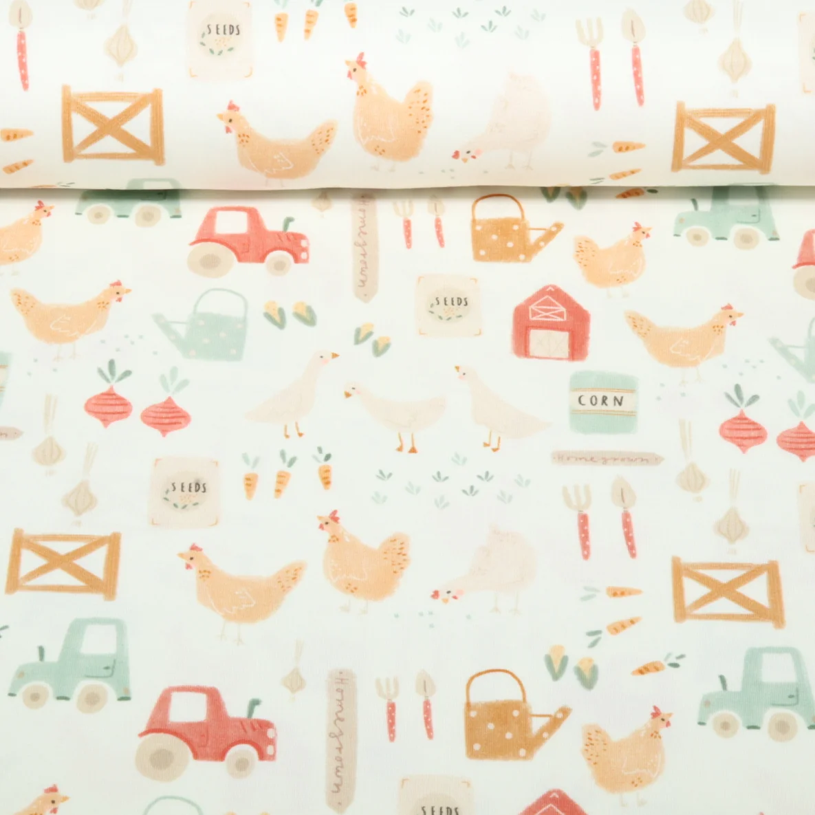 Jersey Little Jax Digitaldruck Hühnerhof Ecru