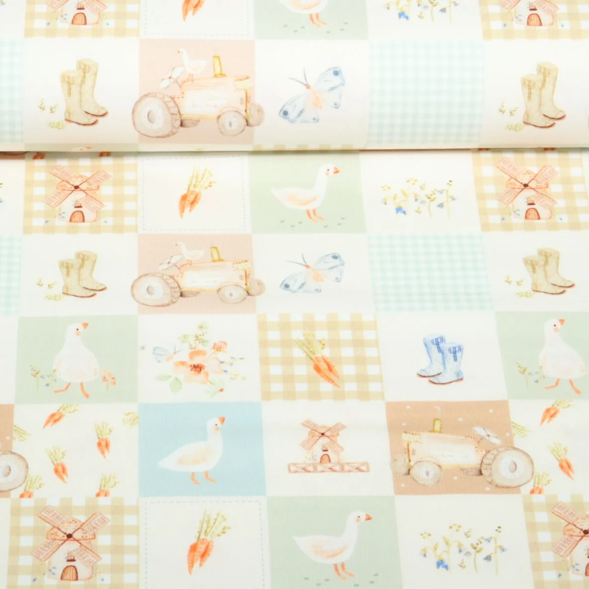 Jersey Little Jax Digitaldruck Patchwork Bauernhof Beige