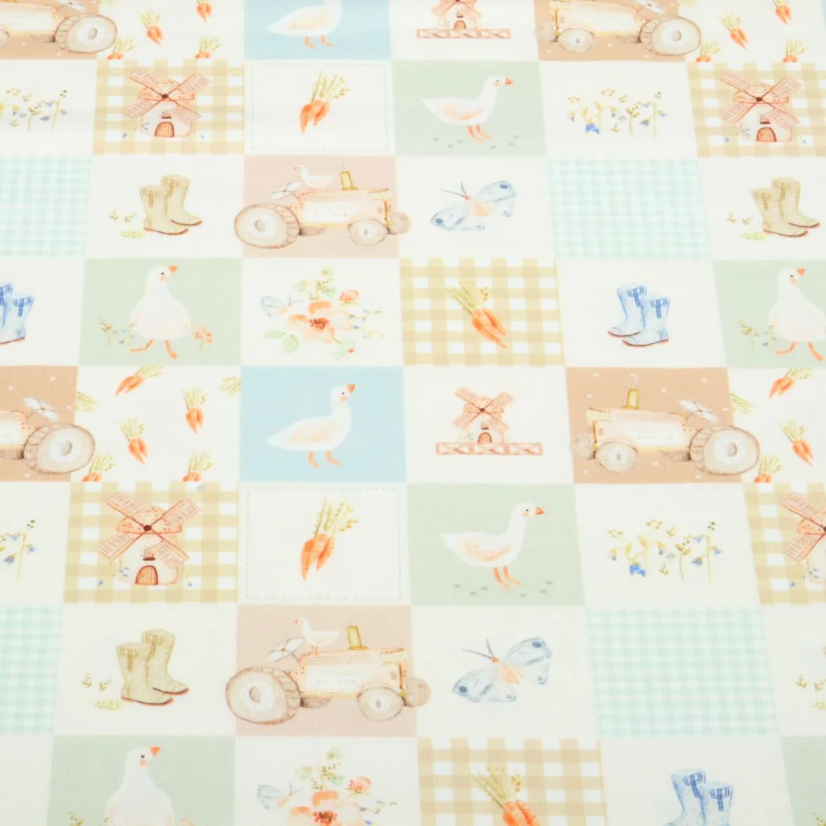 Jersey Little Jax Digitaldruck Patchwork Bauernhof Beige