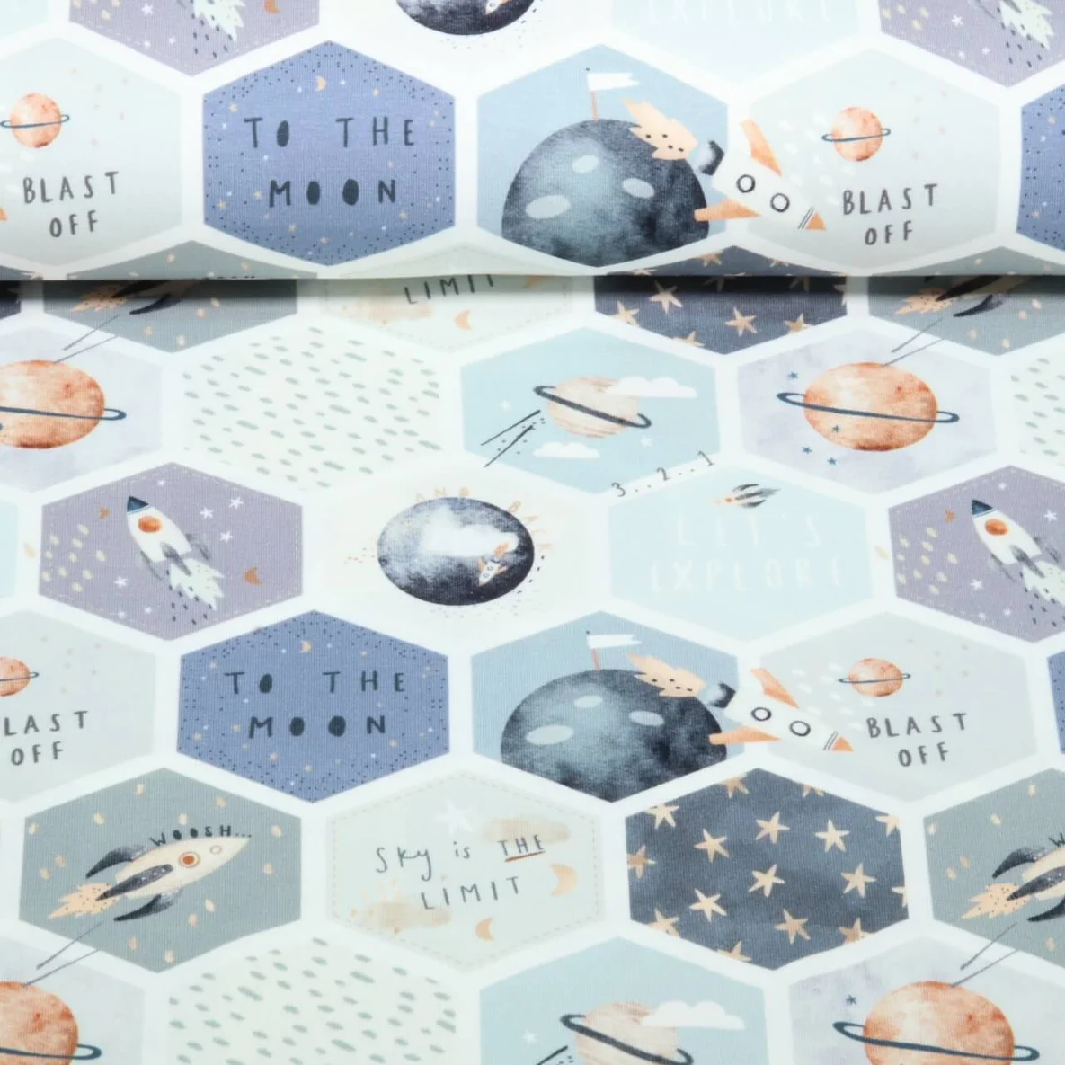 Jersey Little Jax Digitaldruck Weltraumraketen Ecru Blau