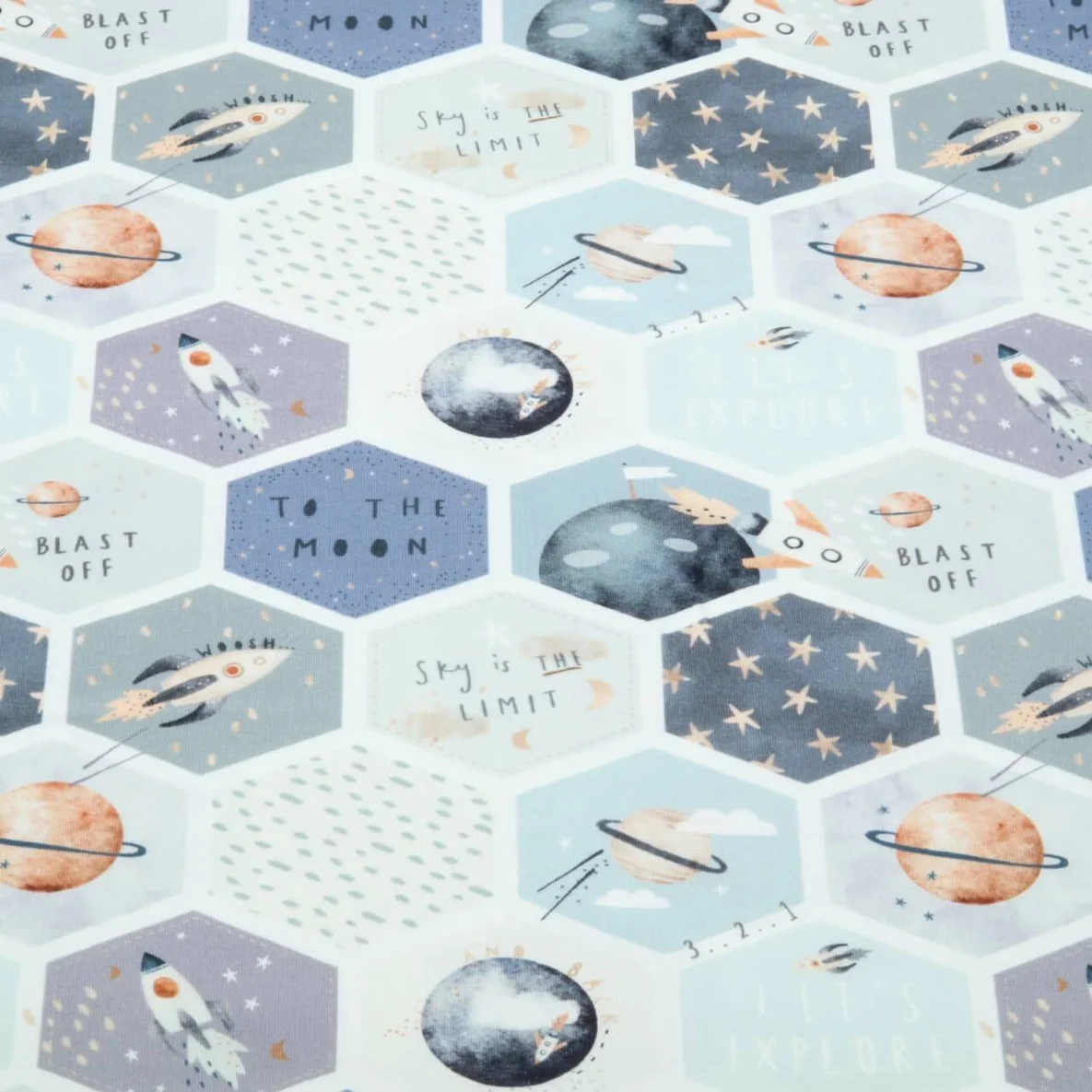 Jersey Little Jax Digitaldruck Weltraumraketen Ecru Blau