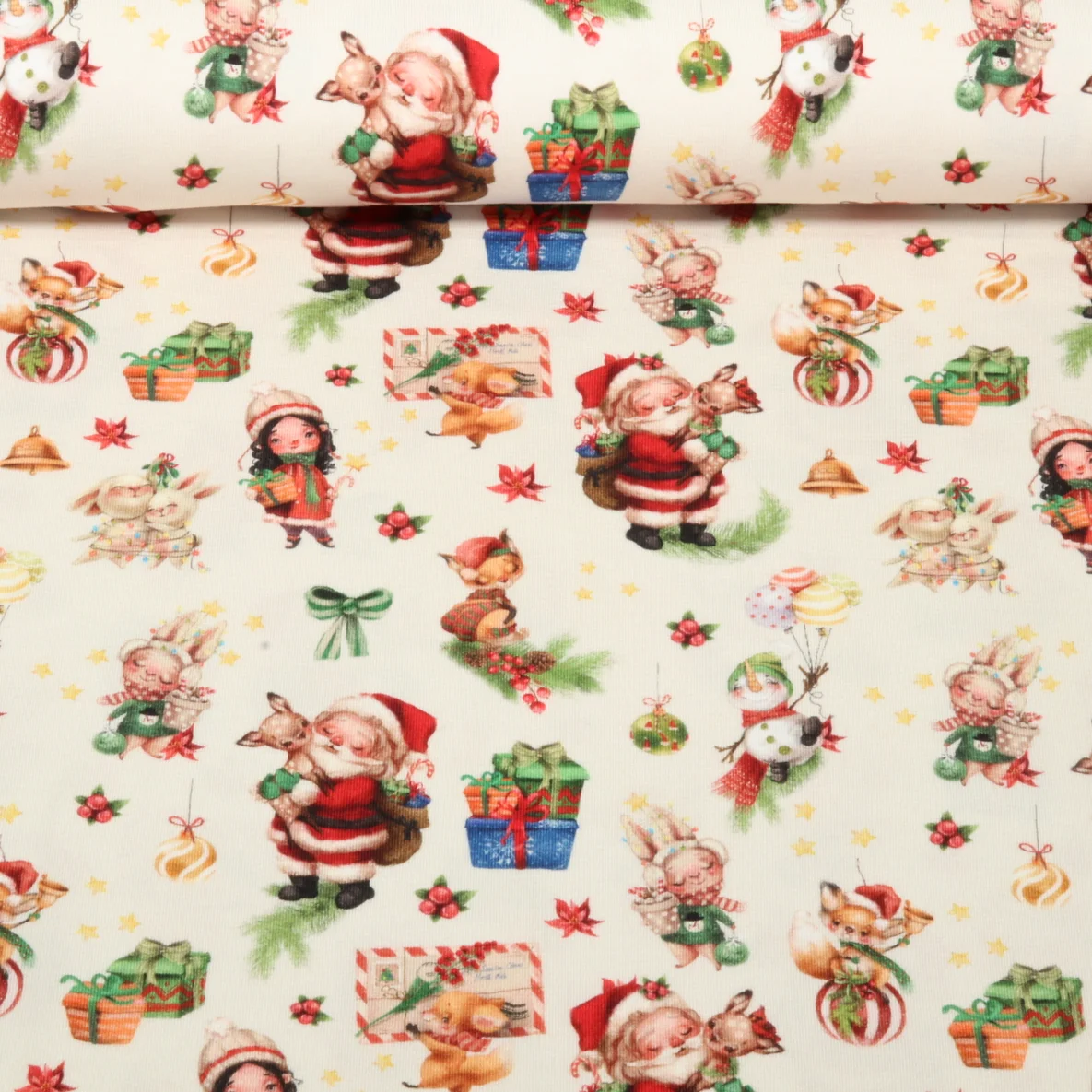 Jersey Weihnachtsmann Und Tiere Ecru