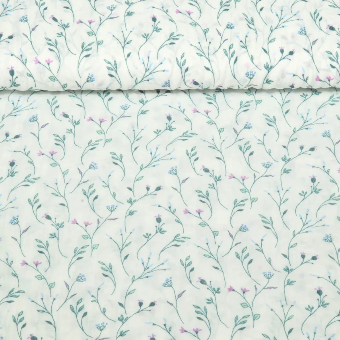 Kleider und Blusenstoff Crash Blümchen Weiß Petrol