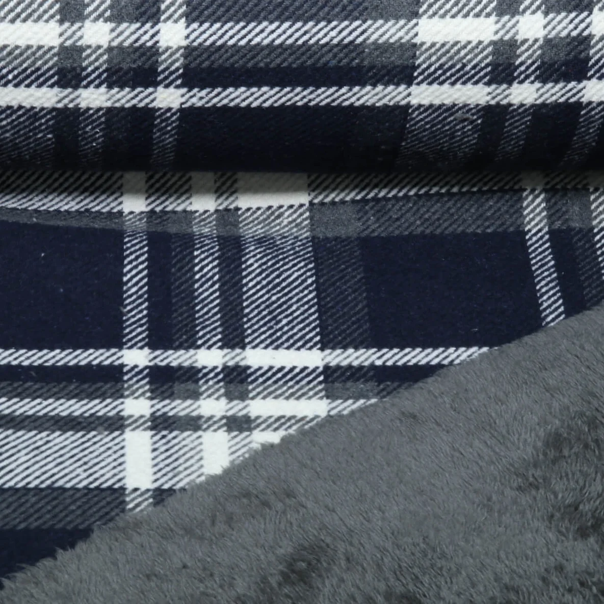 Mantelstoff Tweed Karo Navy mit Fellabseite