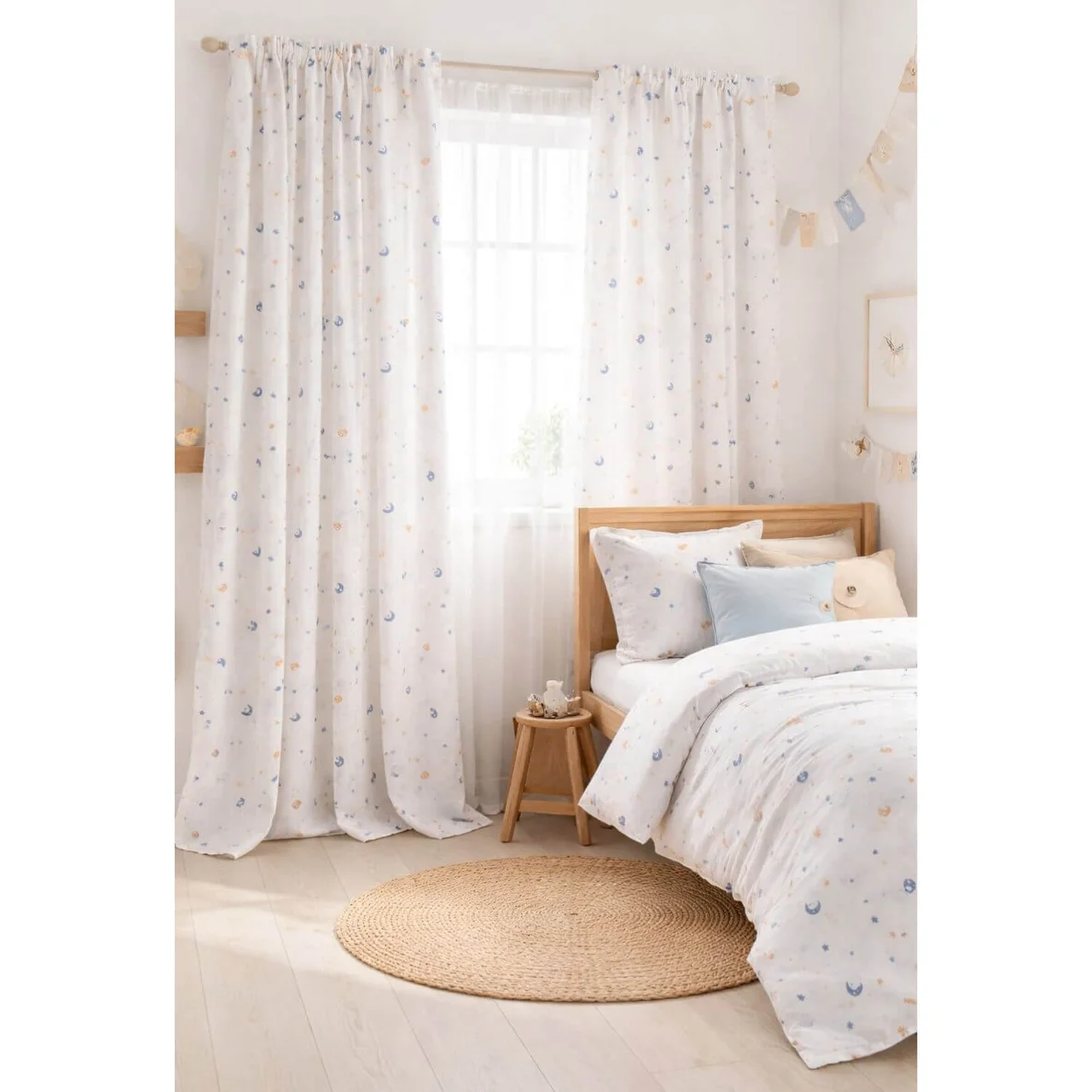 Musselin Extrabreit Mond und Sterne Weiß 