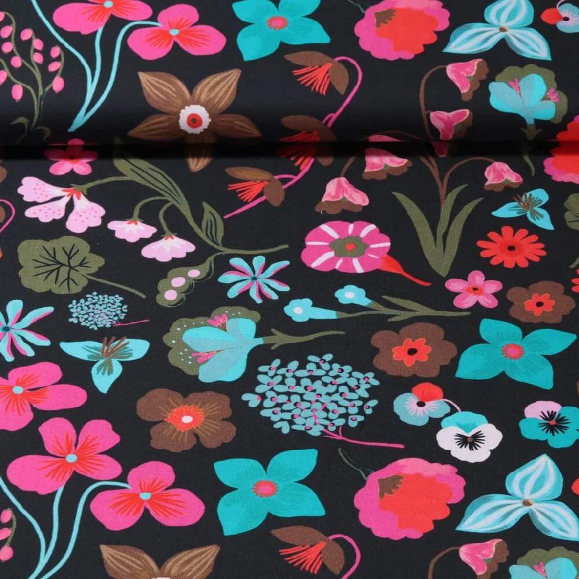 Popeline "Meadow Flower" Anthrazit