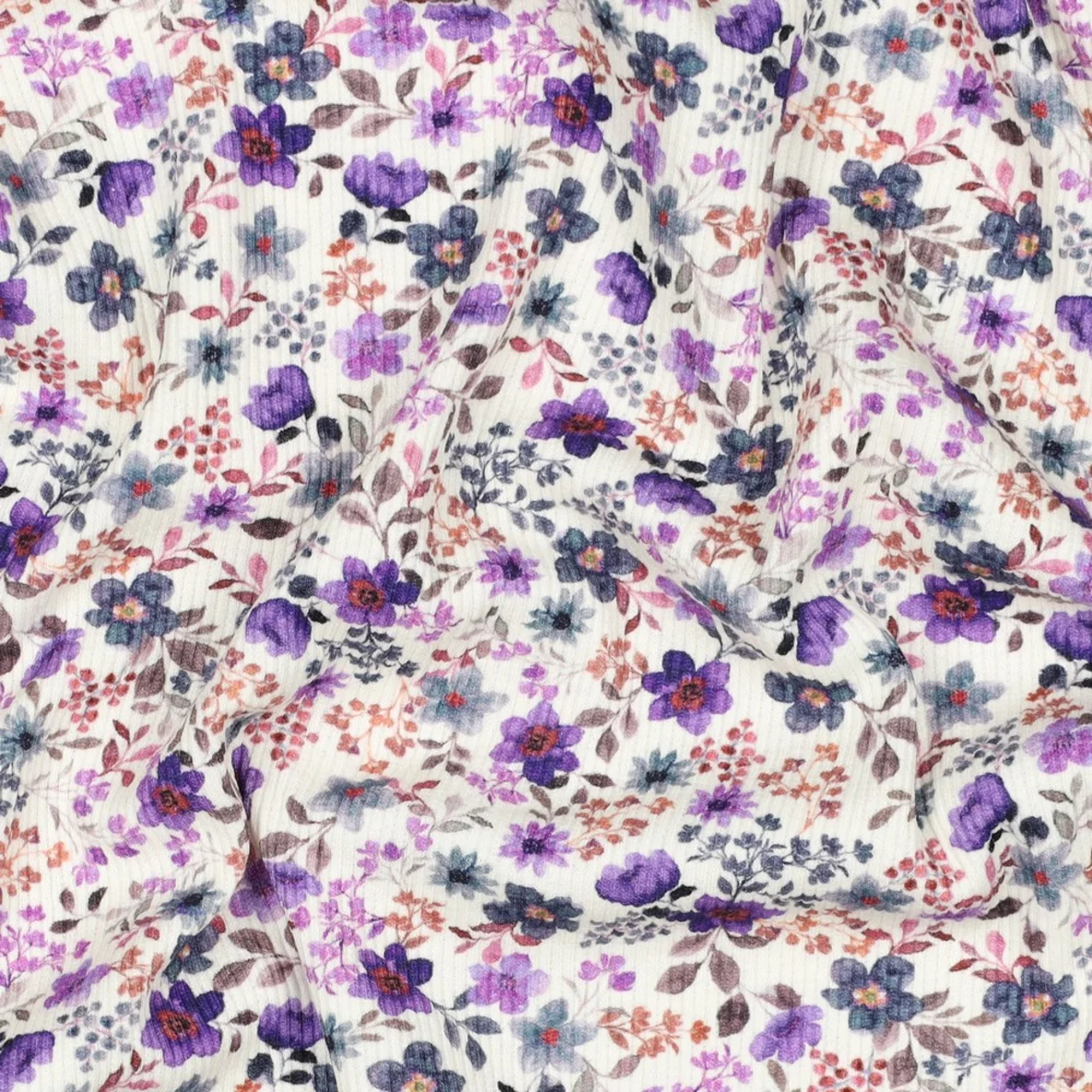 Rippjersey Digitaldruck Blumen Ecru Lila