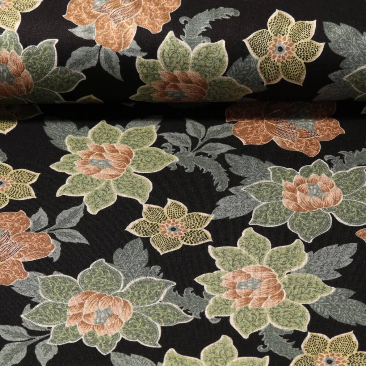 Romanit Jersey Blumen Schwarz Khaki