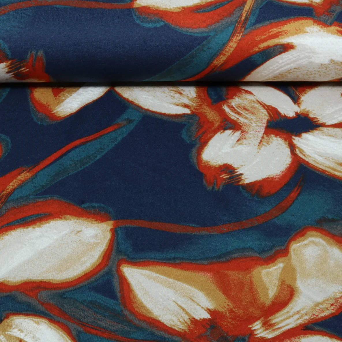 Romanit Jersey Große Blumen Navy Ziegelrot