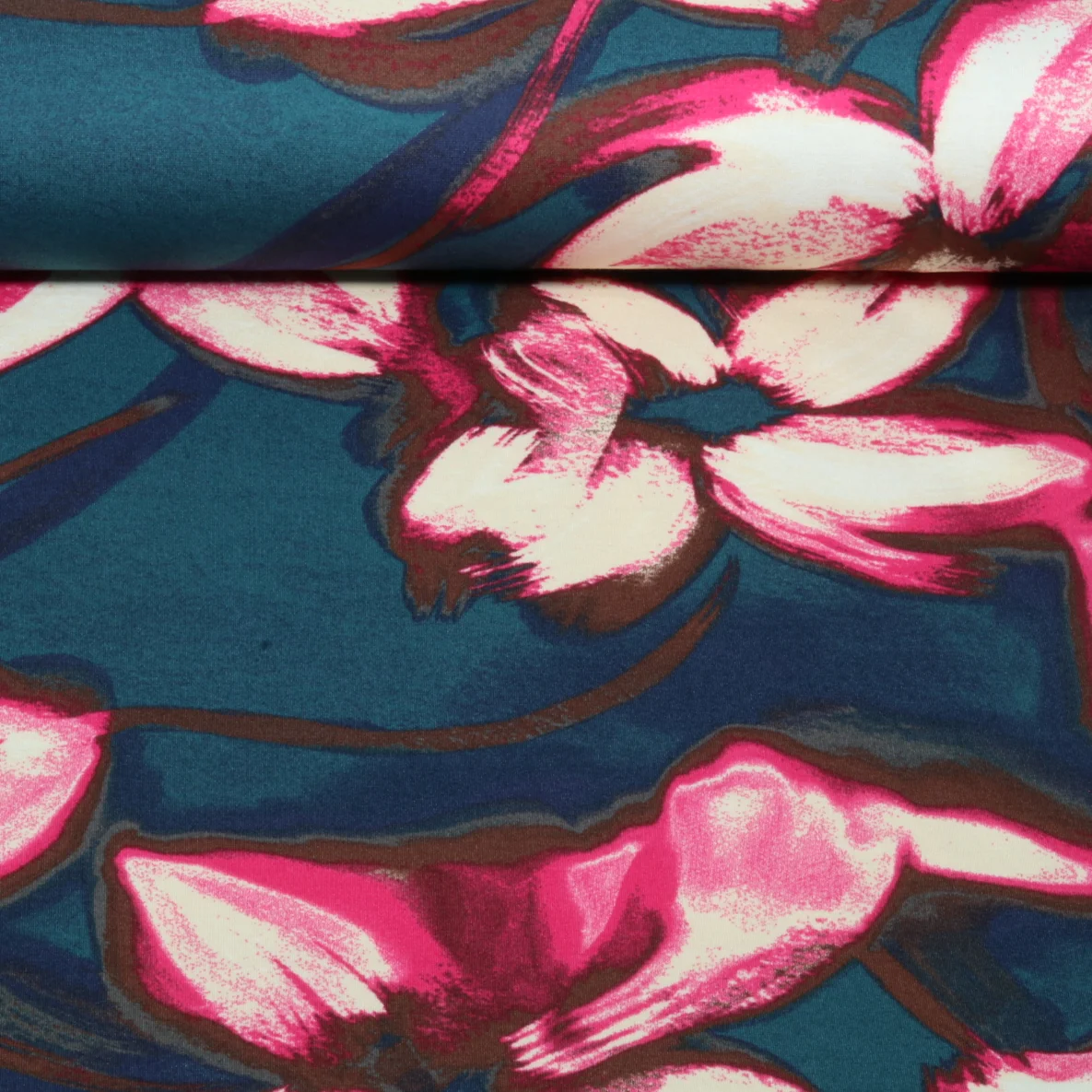 Romanit Jersey Große Blumen Petrol Pink