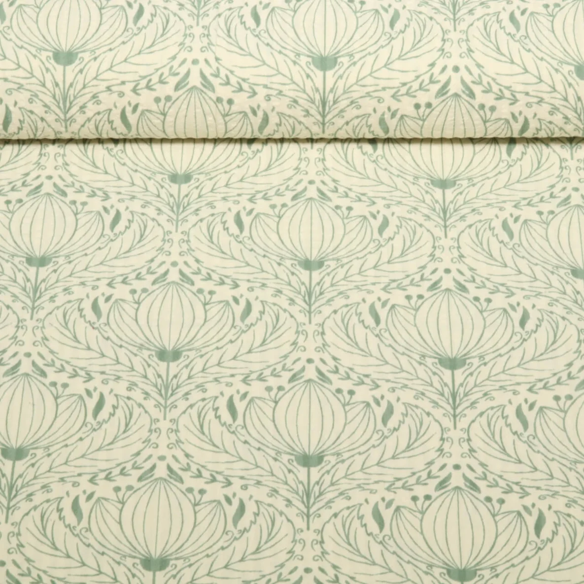 Seersucker Blüten Ecru Grün