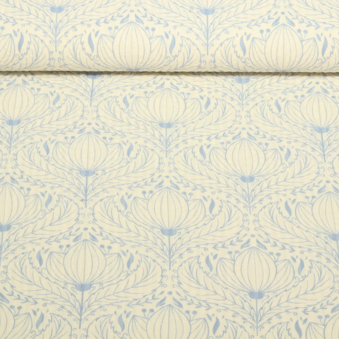 Seersucker Vintage Blüten Ecru Blau