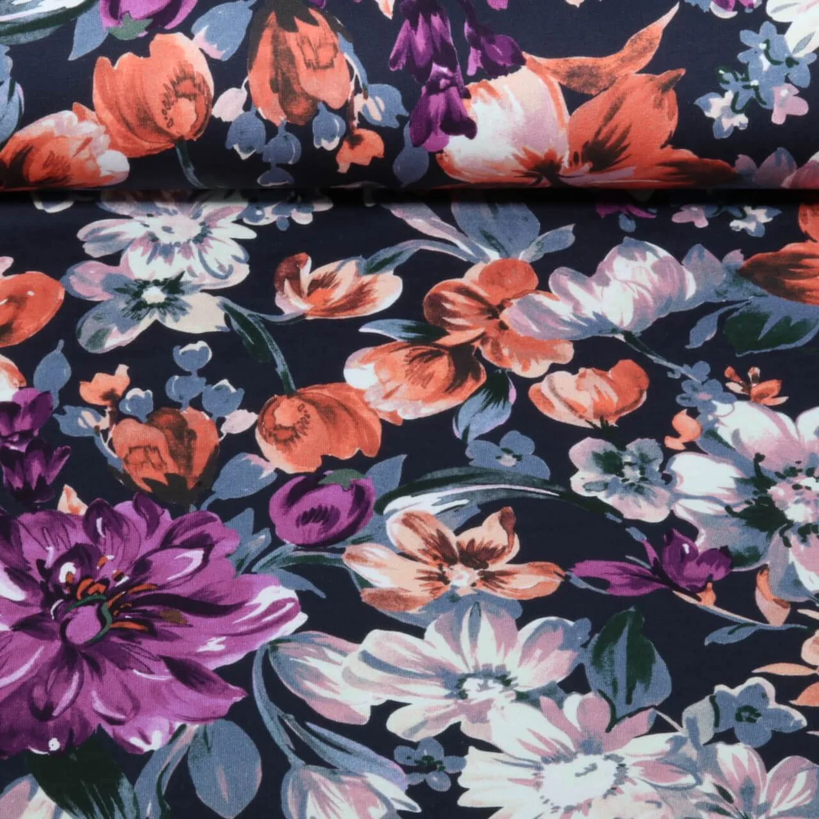 Sommersweat French Terry Blüten Navy