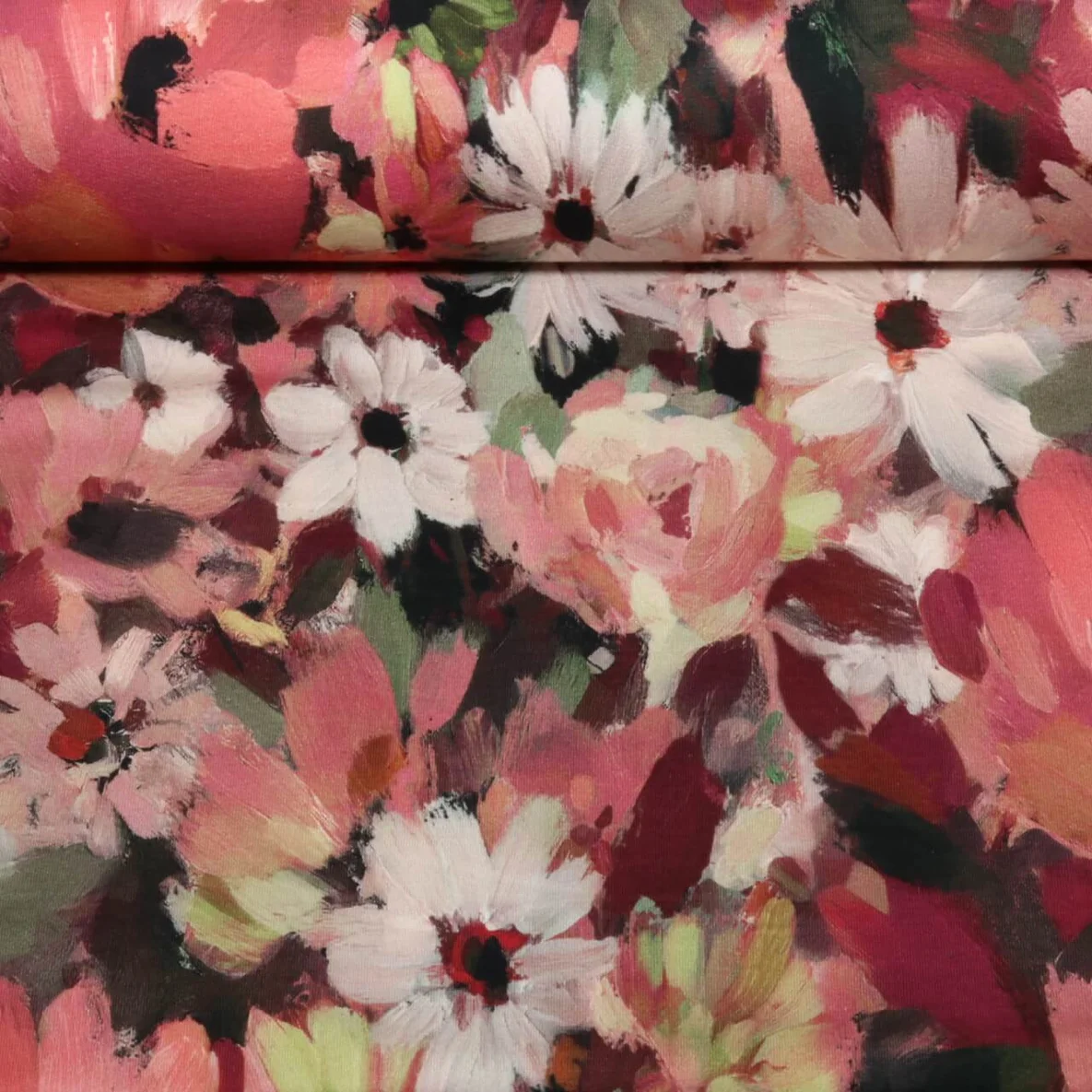 Sommersweat French Terry Digitaldruck Blüten Gemalt Bordeaux