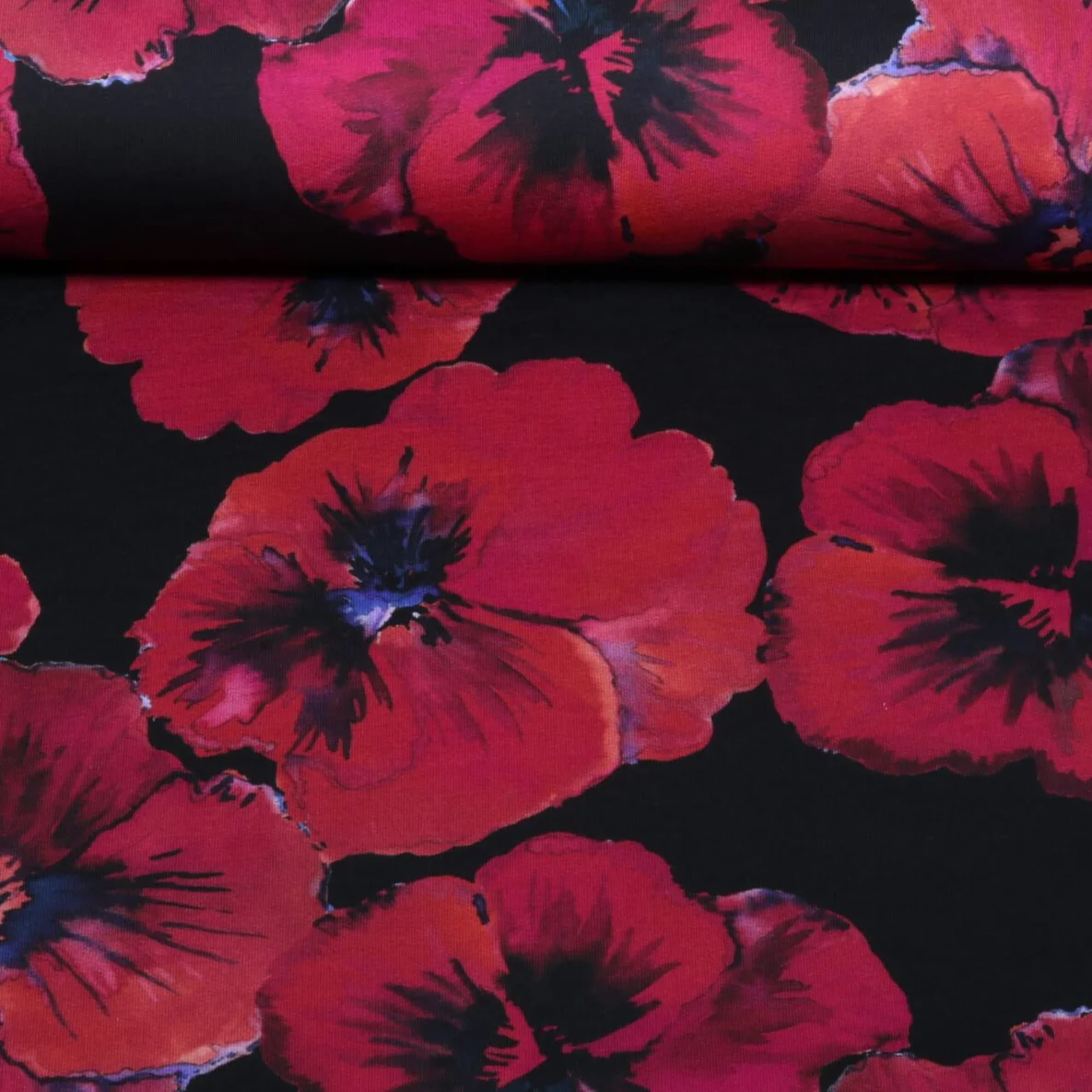 Sommersweat French Terry Mohnblumen Schwarz