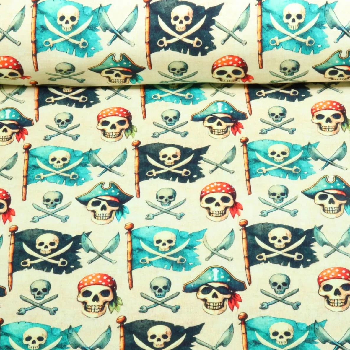 Sommersweat French Terry Piratenflaggen Beige