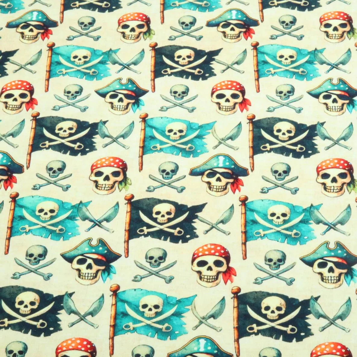 Sommersweat French Terry Piratenflaggen Beige