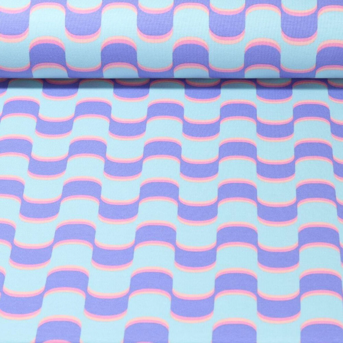 Sommersweat French Terry Retro Wellen Hellblau