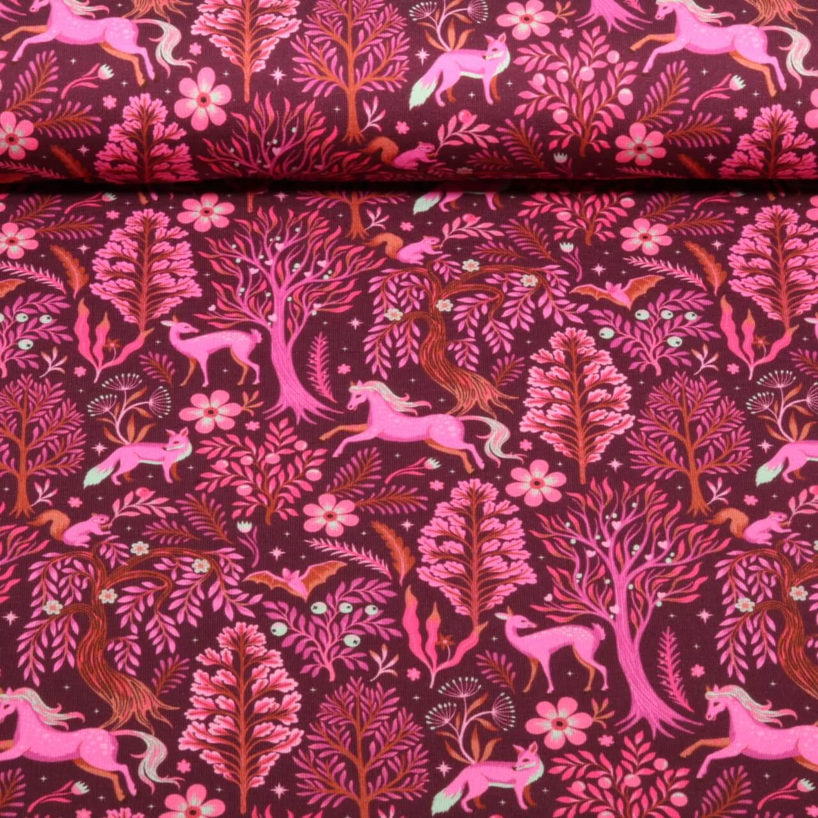Sommersweat French Terry Wald Tiere Bordeaux