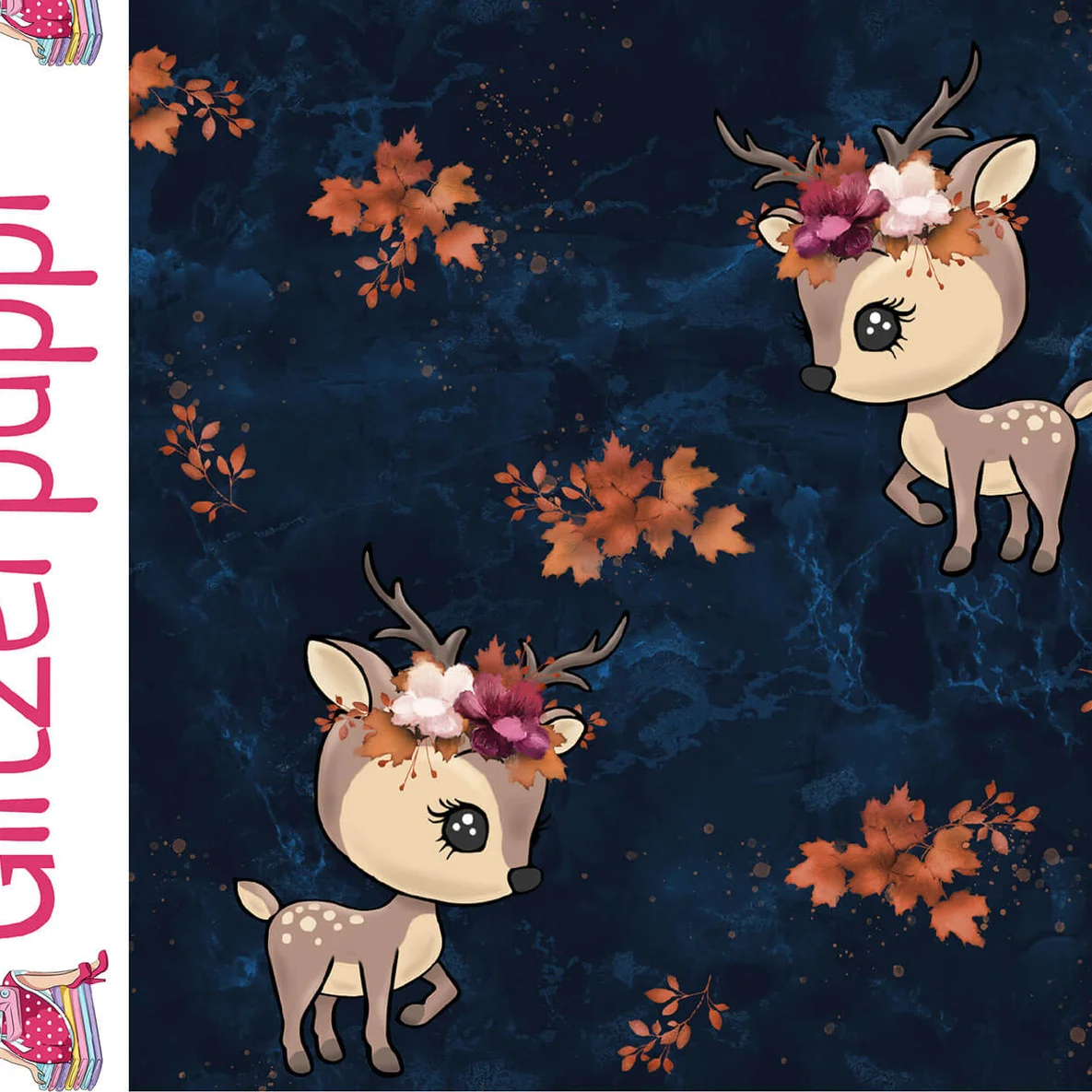 Sommersweat Glitzerpüppi French Terry Digitaldruck Hirsch Navy