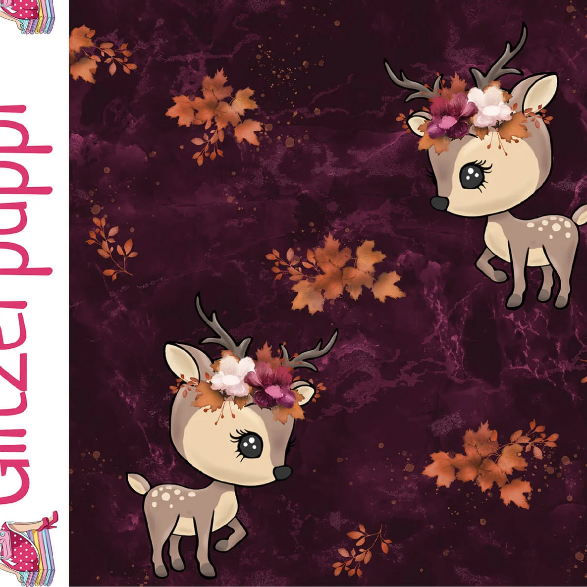 Sommersweat Glitzerpüppi French Terry Digitaldruck Hirsch Weinrot