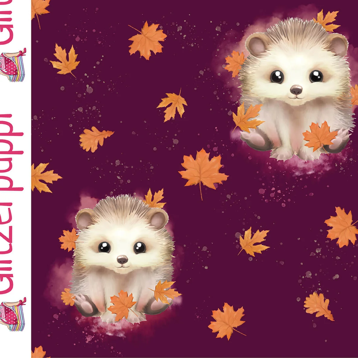 Sommersweat Glitzerpüppi French Terry Digitaldruck Igel Blätter Weinrot