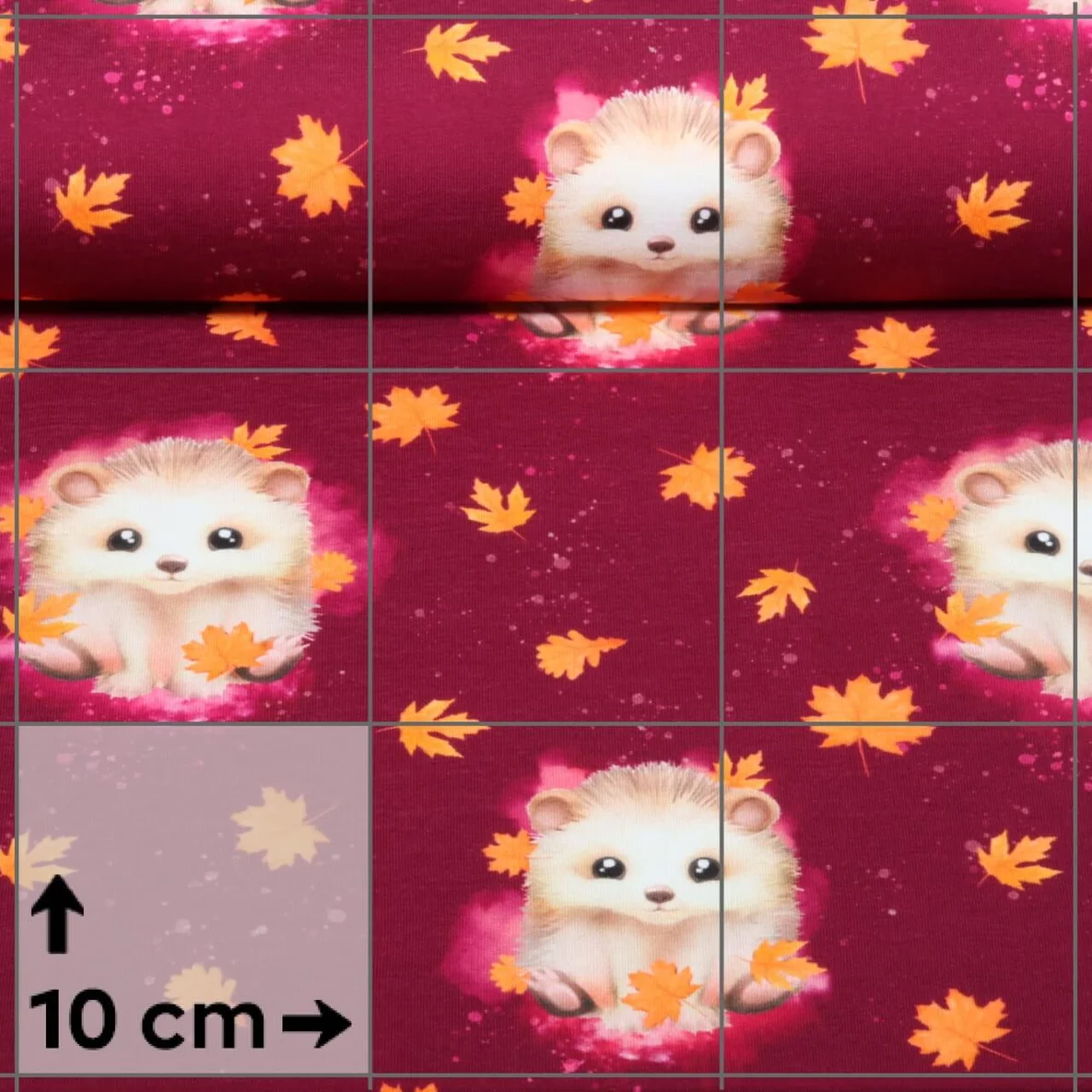 Sommersweat Glitzerpüppi French Terry Digitaldruck Igel Blätter Weinrot