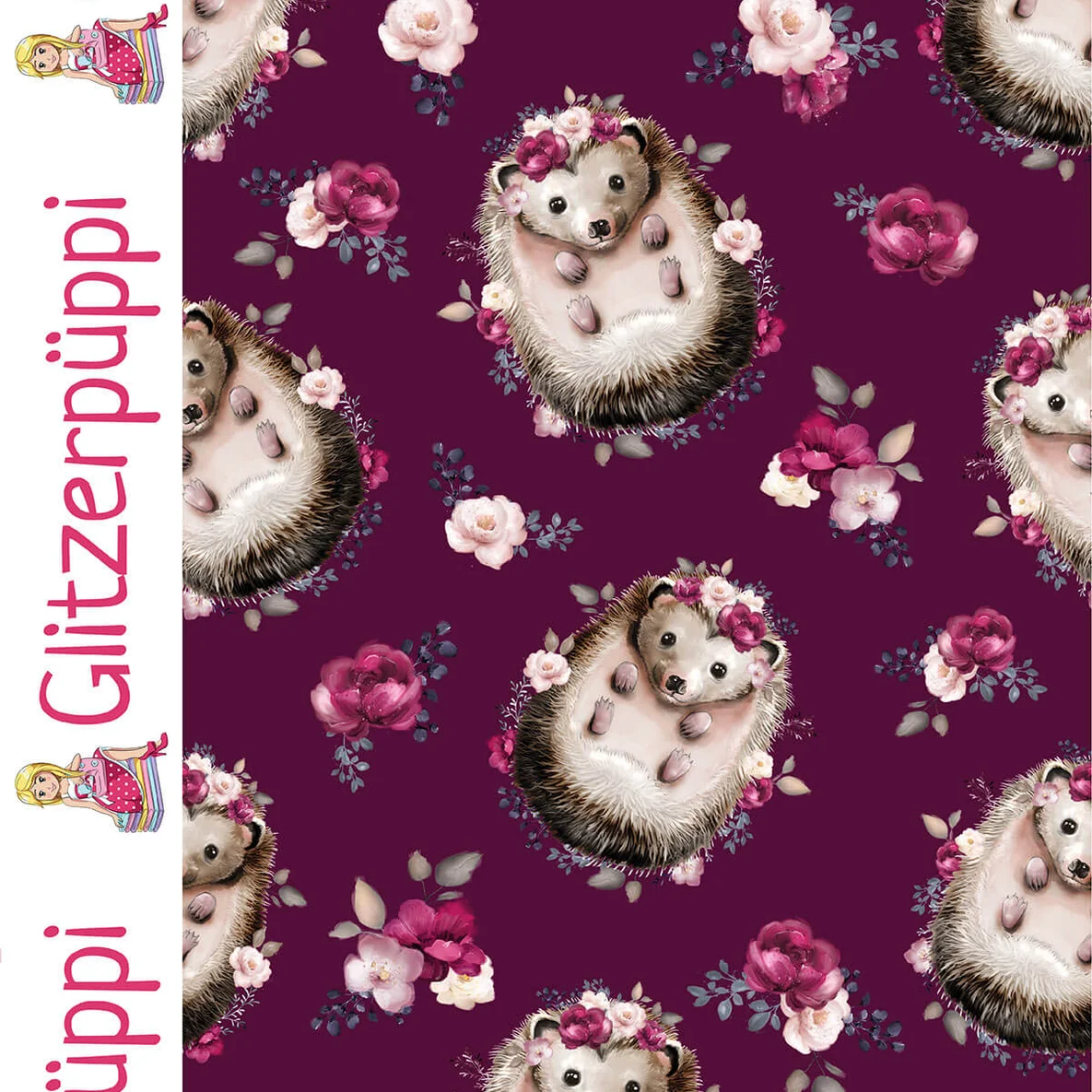 Sommersweat Glitzerpüppi French Terry Digitaldruck Igel Weinrot