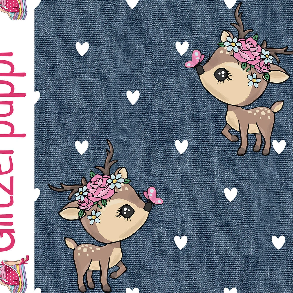Sommersweat Glitzerpüppi French Terry Digitaldruck Kleiner Hirsch Blau