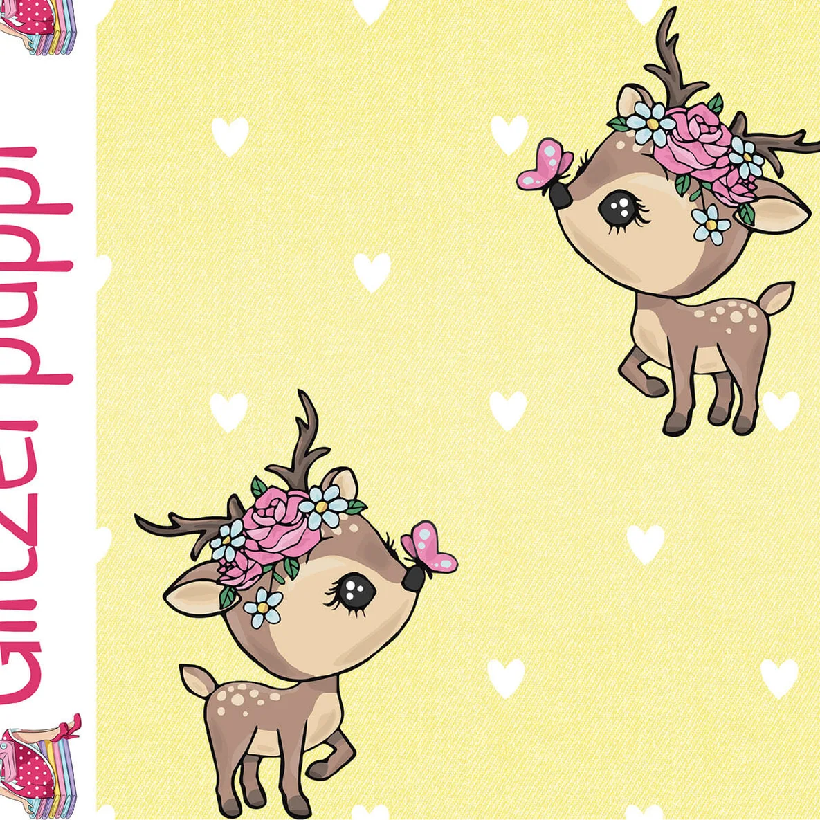 Sommersweat Glitzerpüppi French Terry Digitaldruck Kleiner Hirsch Gelb