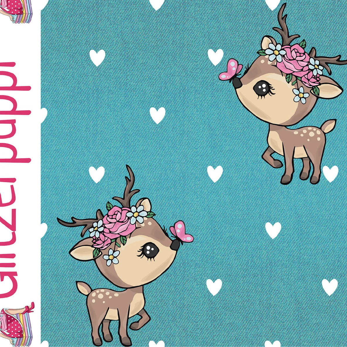 Sommersweat Glitzerpüppi French Terry Digitaldruck Kleiner Hirsch Türkis