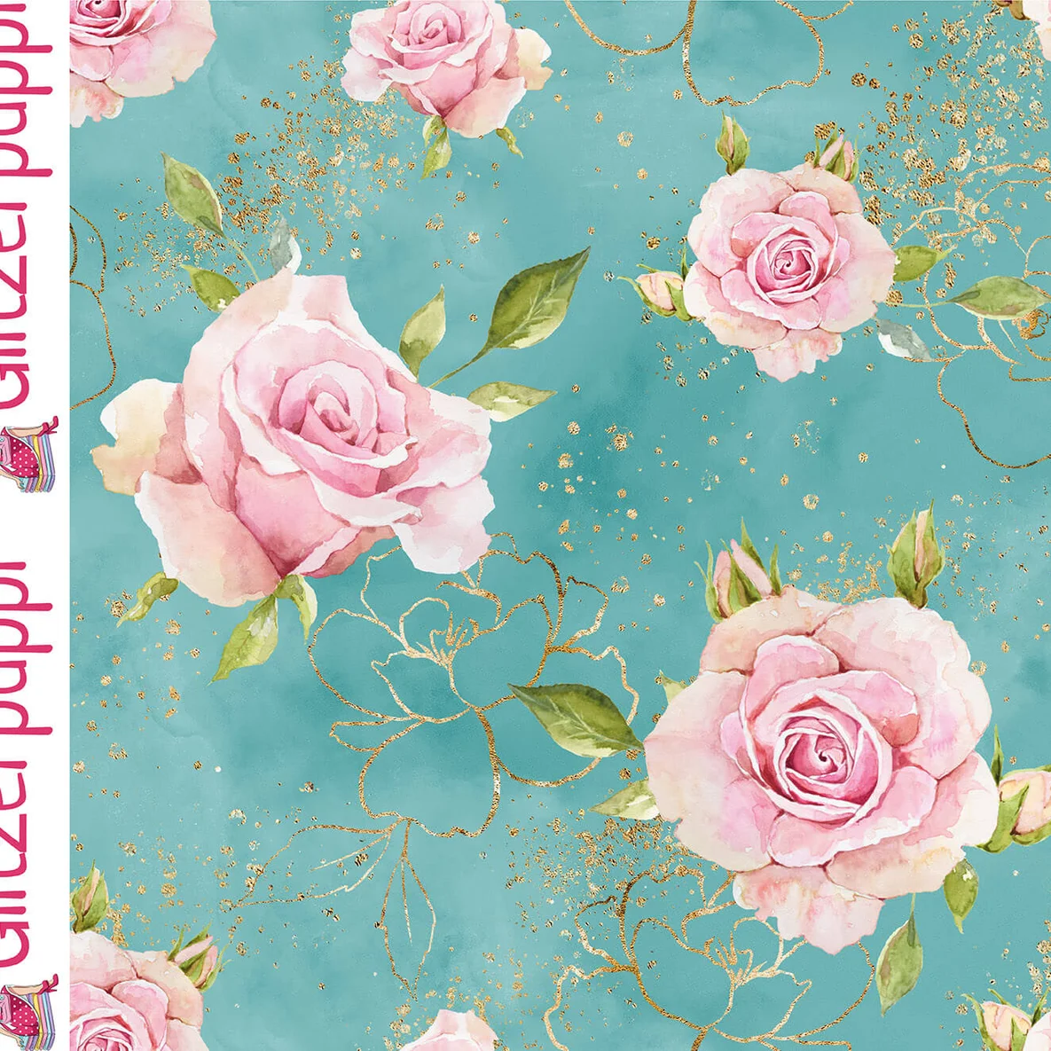 Sommersweat Glitzerpüppi French Terry Digitaldruck Rosen Türkis