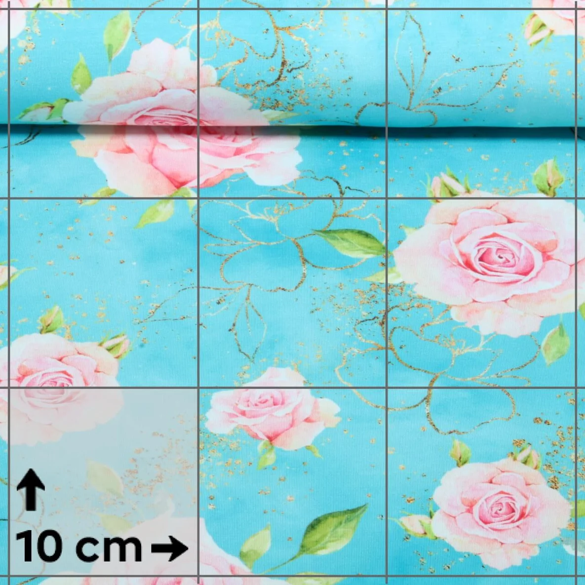 Sommersweat Glitzerpüppi French Terry Digitaldruck Rosen Türkis