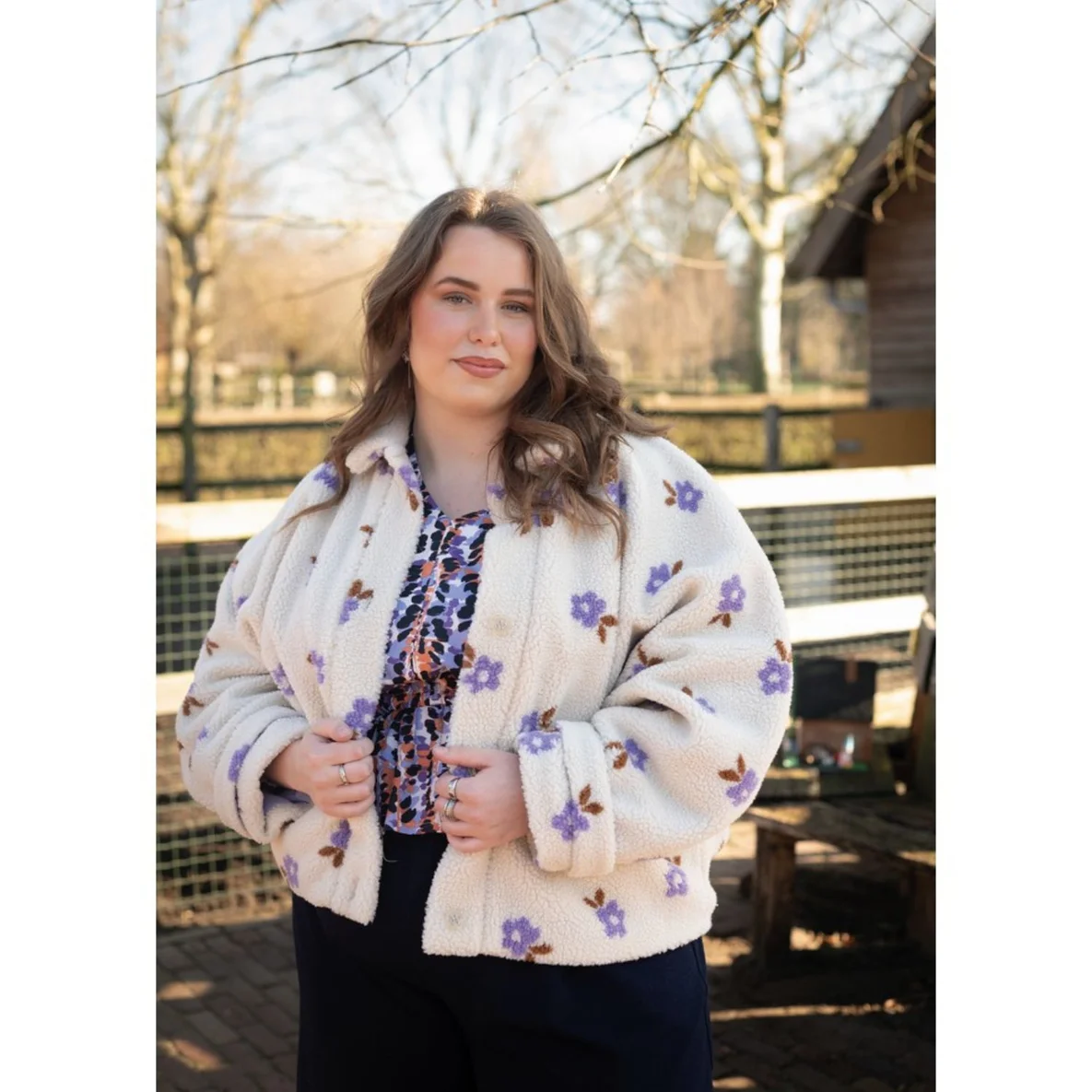 Teddyfleece Jacquard Blumen Ecru