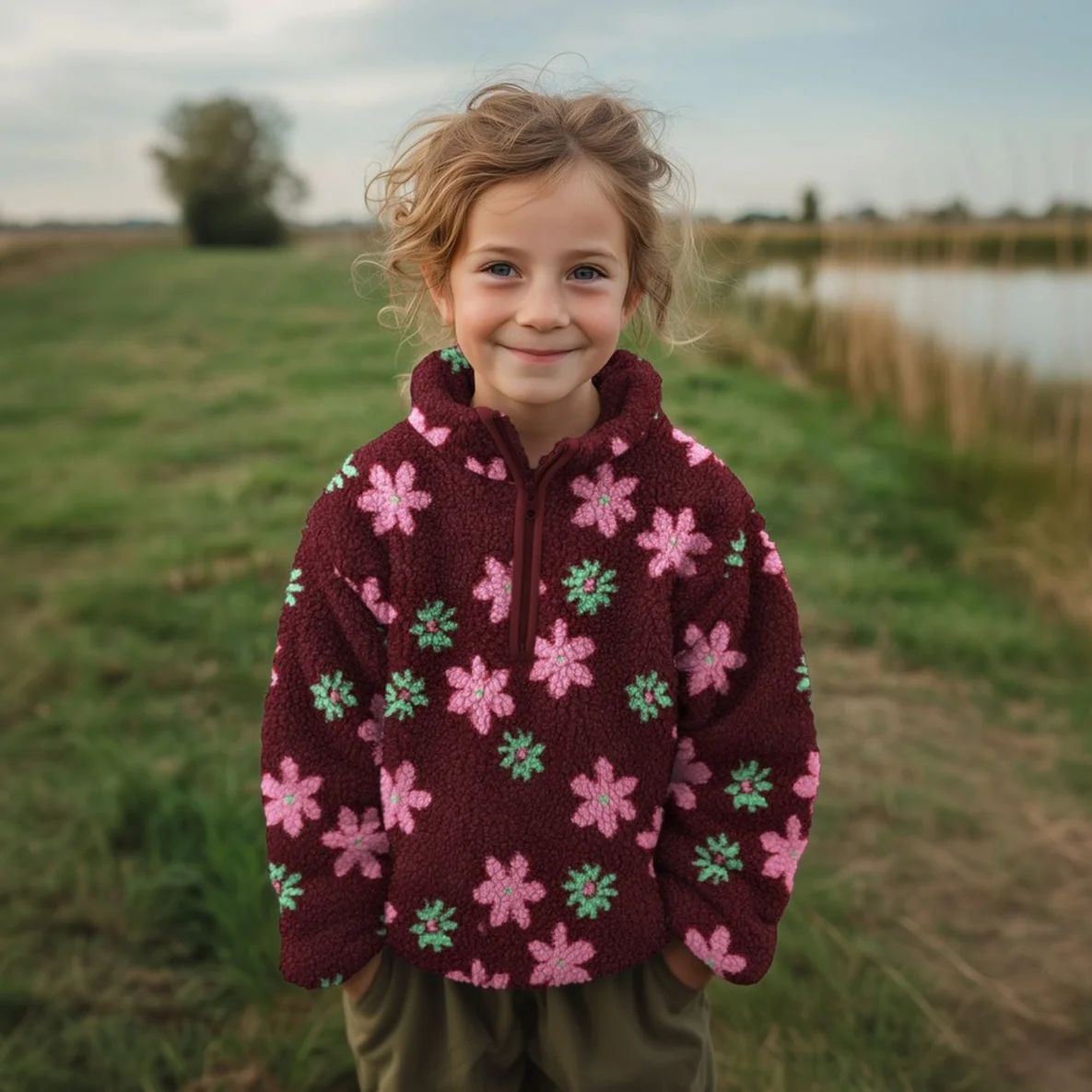 Teddyfleece Jacquard Blumenblüten Bordeauxrot