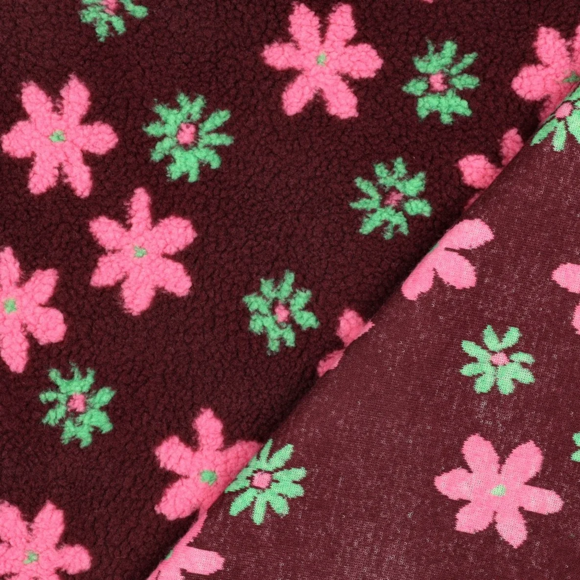 Teddyfleece Jacquard Blumenblüten Bordeauxrot