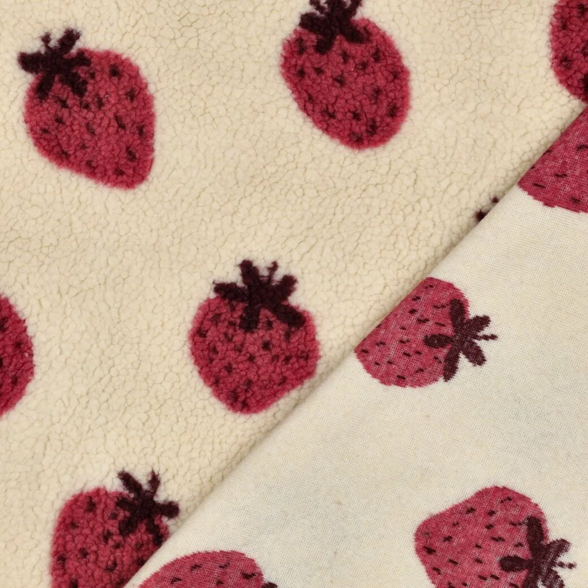 Teddyfleece Jacquard Erdbeeren Beige