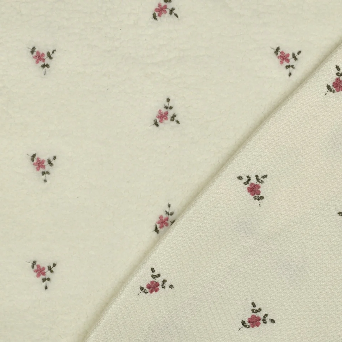 Teddyfleece Stickerei Blumen Ecru