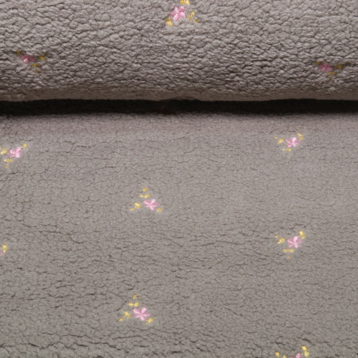 Teddyfleece Stickerei Blumen Grau