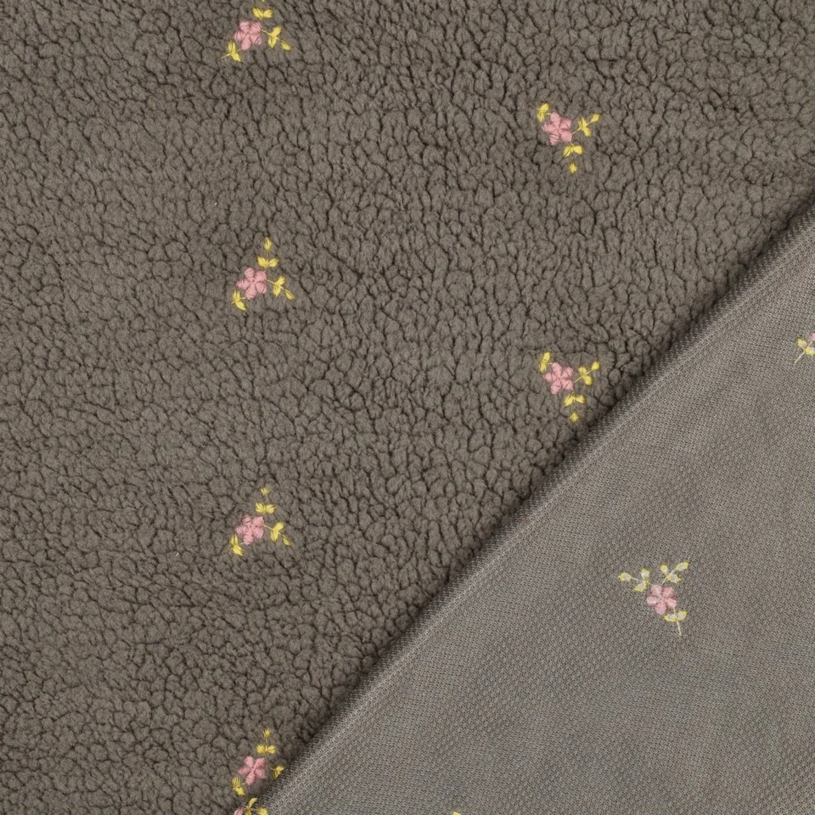 Teddyfleece Stickerei Blumen Grau