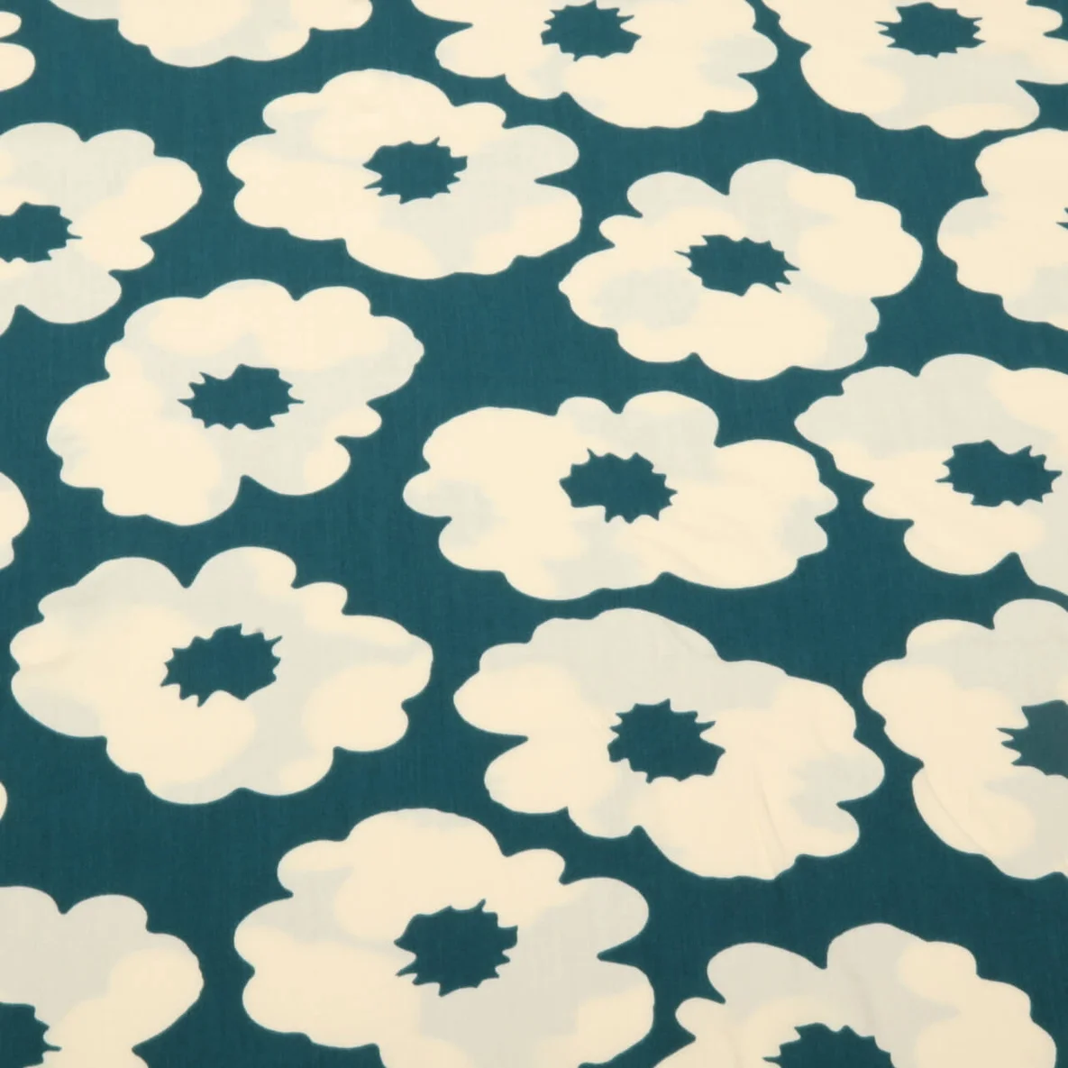 Viskos Popeline Blüten Petrolgrün Ecru