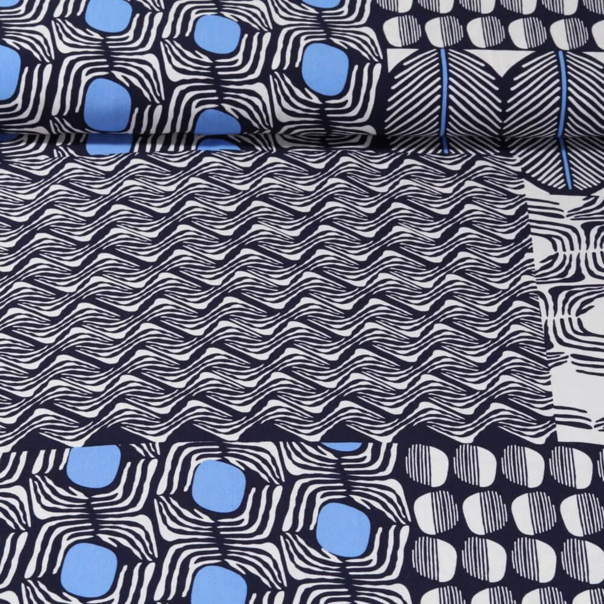 Viskos Popeline Mustermix Ecru Blau