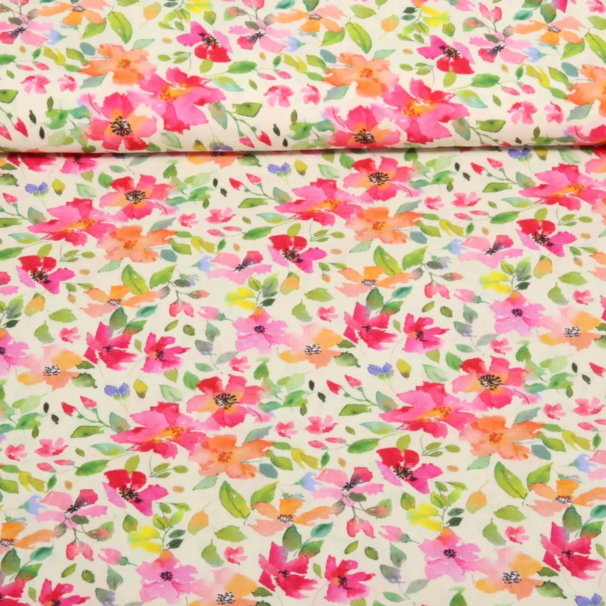 Viskose Blumen Aquarell Ecru