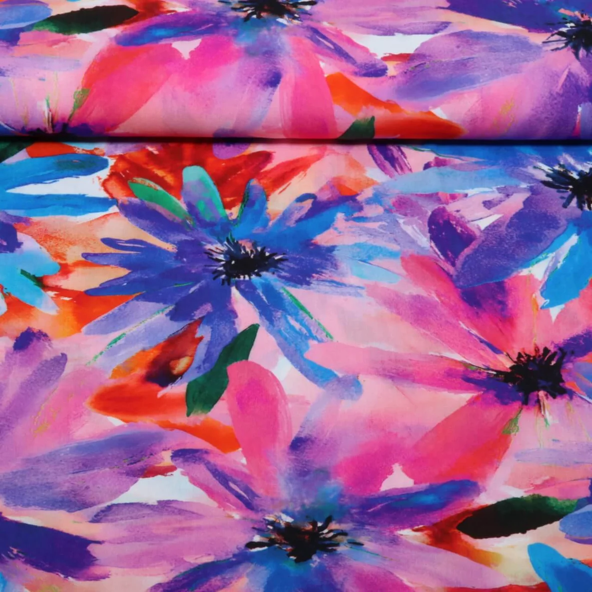 Viskose Digitaldruck Große Aquarellblüten Blau ECOVERO