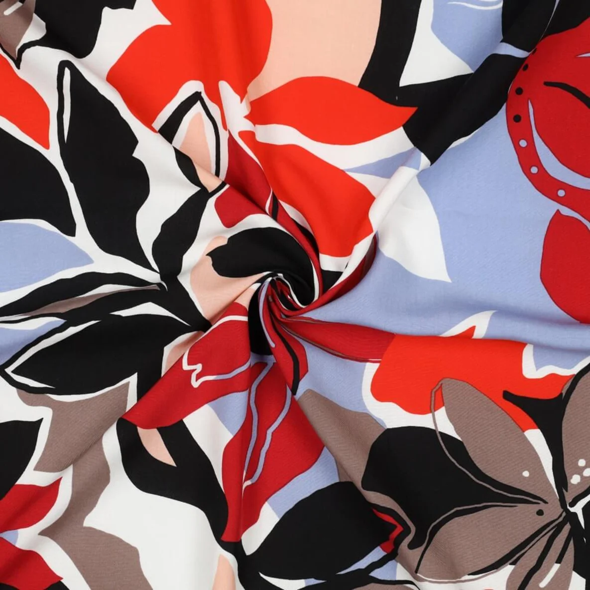 Viskose Große Blüten Hellblau Rot EcoVero By Lenzing