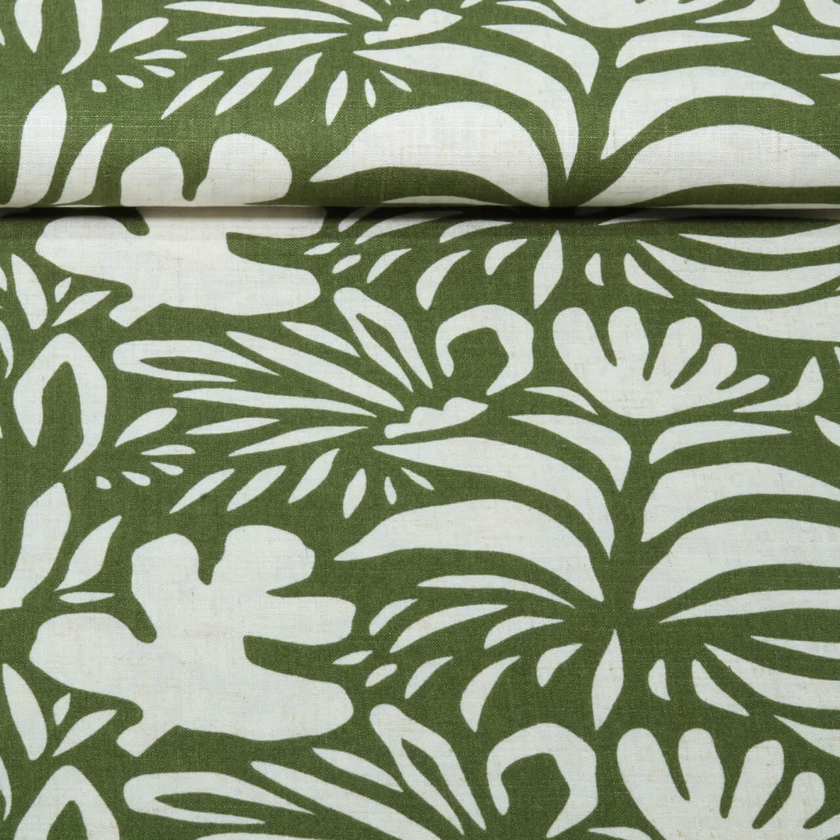 Viskose Leinen Abstrakte Blätter Olivgrün