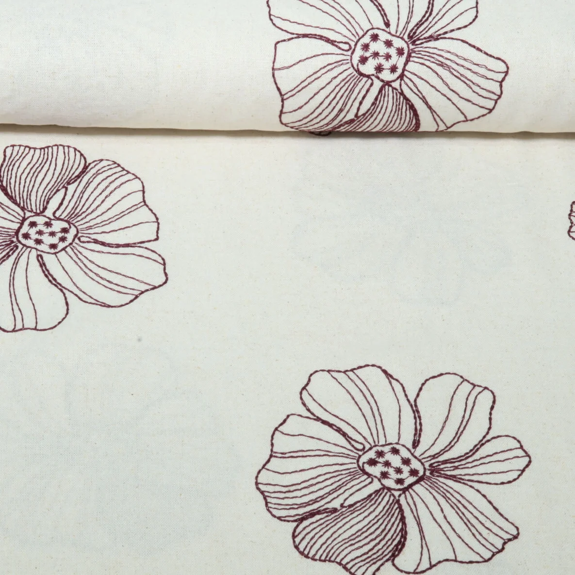 Viskose Leinen Stickerei Blumen Natural