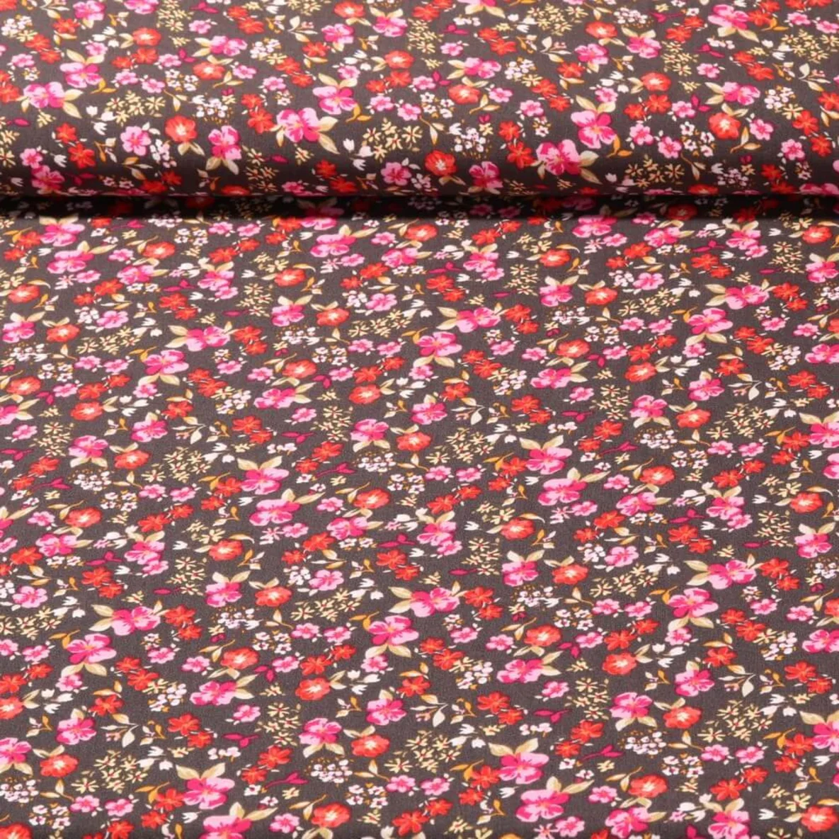 Viskose Popeline Blümchen Dunkelgrau