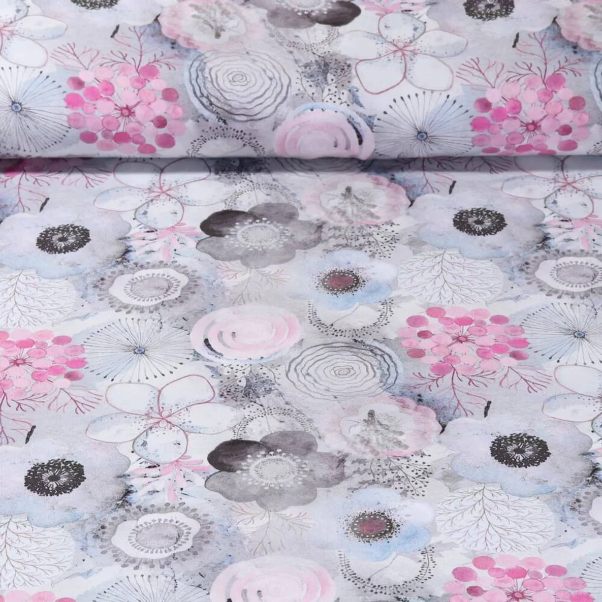 Viskose Popeline Blüten Grau